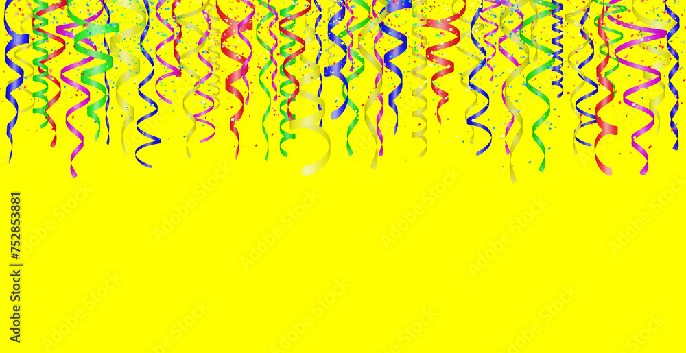 Poster Falling confetti and curly colorful shiny streamer on yellow background. Empty space for text
