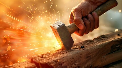 A hand with a hammer attempts to strike a nail, captured with motion blur from an extreme low angle. - obrazy, fototapety, plakaty