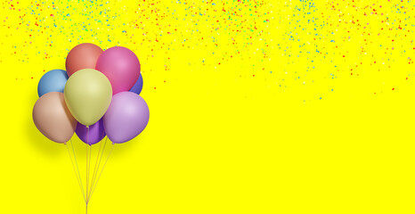Bunch of colorful balloons on yellow background with confetti. Empty space for text. 3d rendering