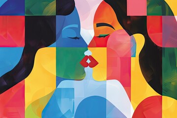 A modern illustration of two women kissing against a geometric background with bold, vibrant colors