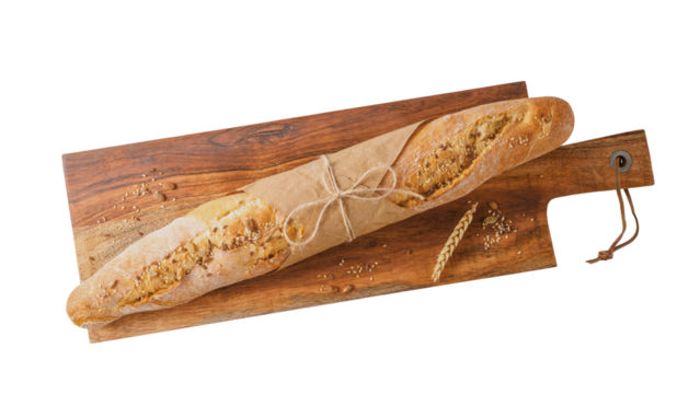 Whole fresh baked loaf wheat baguette bread with crumbs and seeds on wooden cutting board isolated on white background.