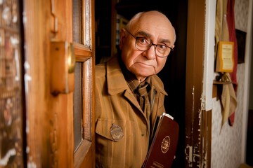 Senior man in uniform with a badge and book, looking solemn and proud, standing by a wooden door. - obrazy, fototapety, plakaty