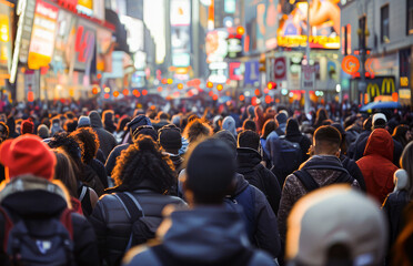 A bustling urban crowd fills the street in a vibrant city center, surrounded by glowing advertisements and signs.