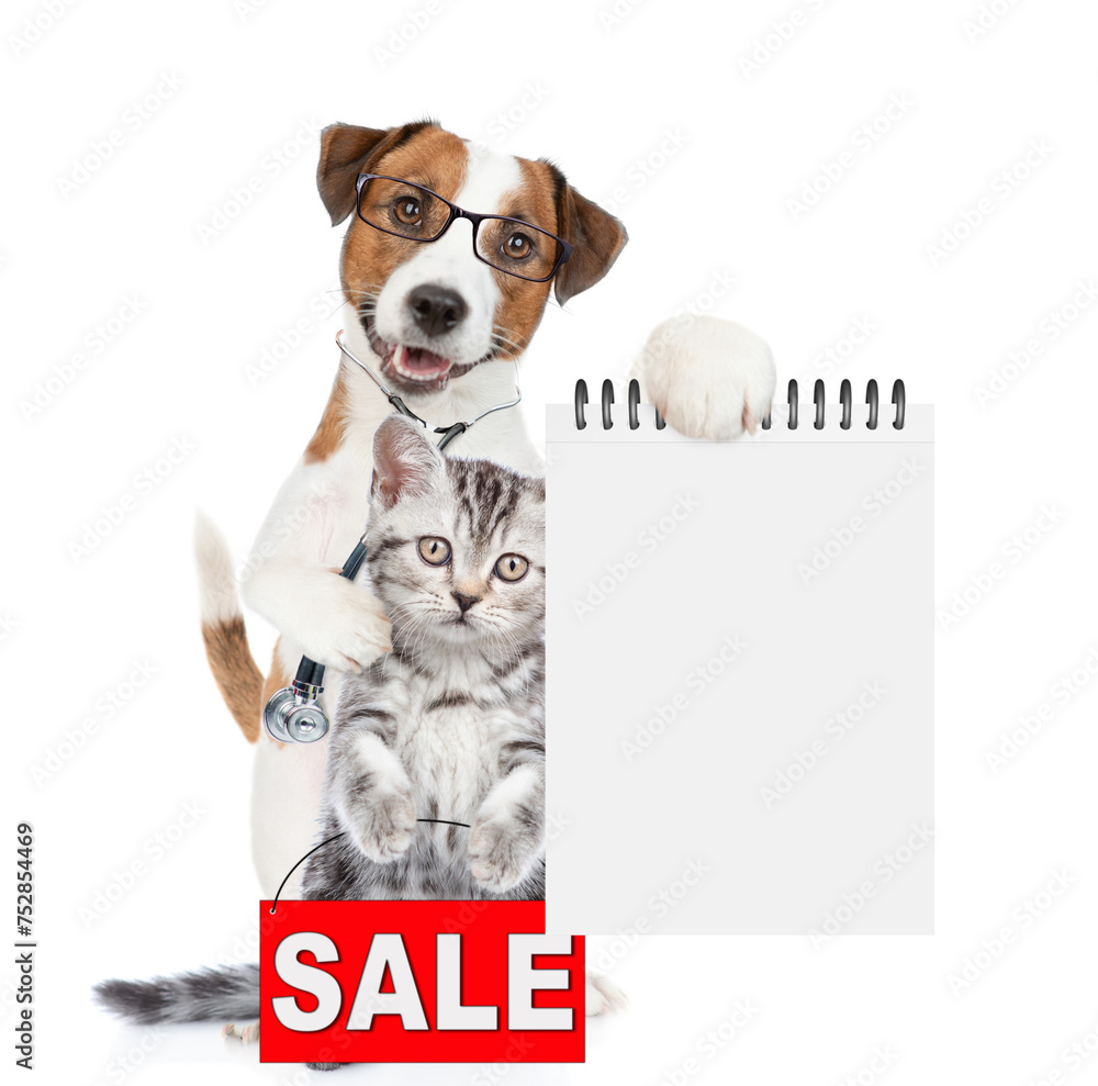 Poster smart jack russell terrier puppy wearing eyeglasses with stethoscope on his neck hugs tiny kitten an