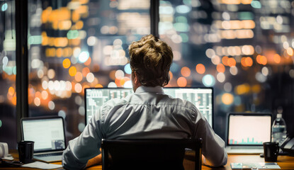A business professional working late at night in an office with multiple computer screens displaying data and charts.