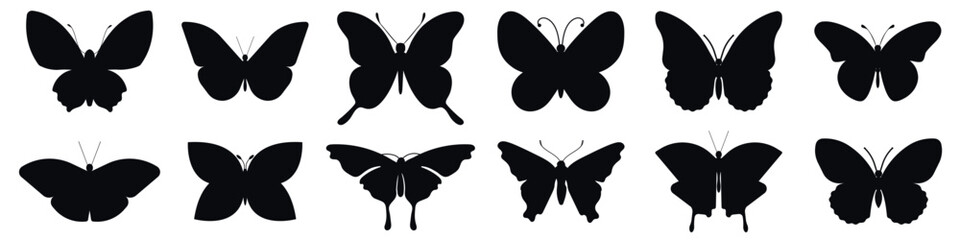 Butterfly silhouettes. Cute butterfly stencils summer insects with wings, flying butterflies. Winged exotic various moth decorative simple vector isolated - obrazy, fototapety, plakaty