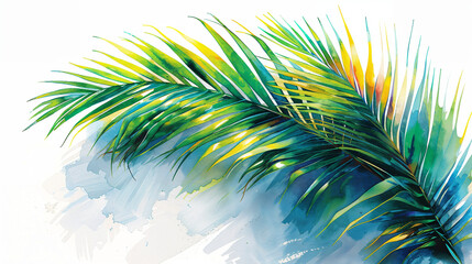 Vibrant watercolor painting of a palm branch, symbolizing Palm Sunday celebration in Christian tradition. - obrazy, fototapety, plakaty