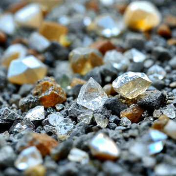 Rohdiamanten und Kristalle im Kies
