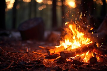 Forest Campfire: Bokeh lights around a campfire in the woods. - obrazy, fototapety, plakaty