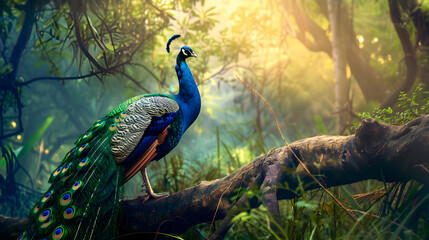 beautiful peacock in tranquil forest nature landscape