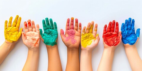Children's hands covered with colorful paint in yellow, red, green, pink, and blue, displayed against a white background. - obrazy, fototapety, plakaty