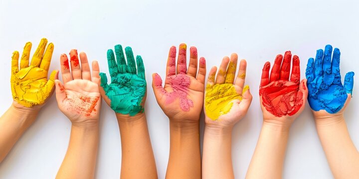 Children's hands covered with colorful paint in yellow, red, green, pink, and blue, displayed against a white background.