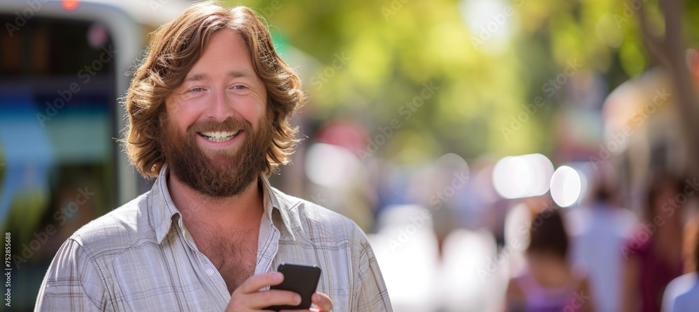 Poster happy bearded man using smartphone at bus station with copy space for text or information placement