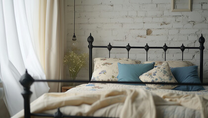 The timeless charm of a wrought iron bed frame beautifully complements a vintage-styled bedroom -...
