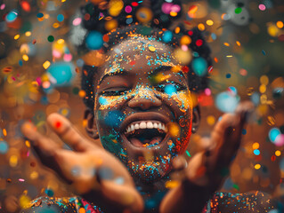 Person blowing glitter from hands. Celebration and party concept with copy space. Close-up photography of sparkles and confetti. person joyfully tossing handfuls of confetti into the air