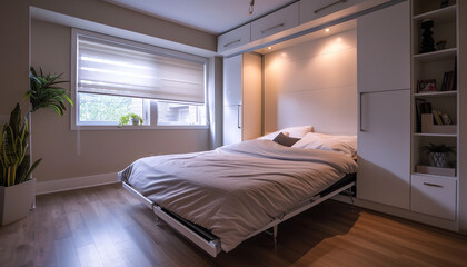 Murphy bed folded into a sleek wall cabinet in a studio apartment - wide format