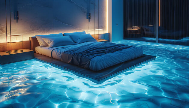 Enigmatic waterbed showcasing a mesmerizing rippling effect - set in a dimly lit room - invoking feelings of mystery and relaxation - wide format