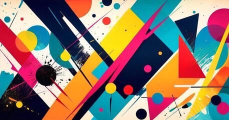 A vibrant, abstract painting featuring a collage. The artwork is characterized by bold colors and...