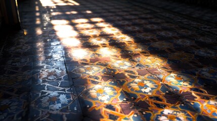 Creative traditional windows in Arabesque style, sunset light entering the building, Islamic concept