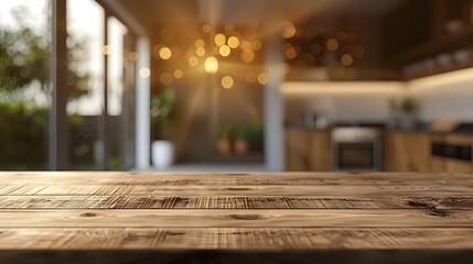Sunlit Wooden Kitchen Table in Warm Tones, To evoke a sense of warmth, comfort, and elegance in the viewer, and to inspire creativity and coziness in - obrazy, fototapety, plakaty