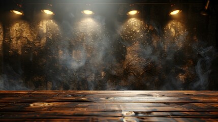 Wooden Stage with Smoke and Spotlights, This image can be used to convey a sense of drama, excitement, or mystery, and would be well-suited for a