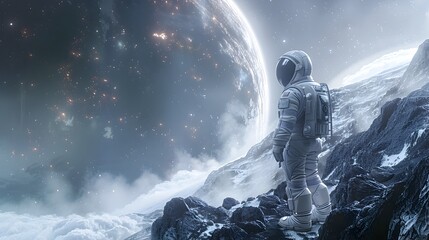 Astronaut walks through rocky area while viewing planets To uniquely convey the feeling of exploration and discovery in space.