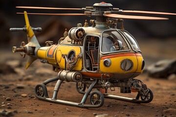 Intricately detailed steampunk helicopter model on a simulated Martian terrain, evoking a sense of exploration