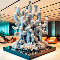 Escultura de aluminio de cactus y suculentas en el centro del lobby principal de edificio corporativo
