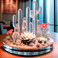 Escultura de cristal de cactus y suculentas en mesa de oficina corporativa - obrazy, fototapety, plakaty