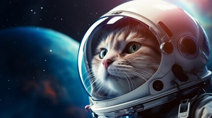 A cat in an astronaut helmet gazes into space, with cosmic backgrounds of stars and nebulae. The image displays a creative blend of sci-fi and pet themes