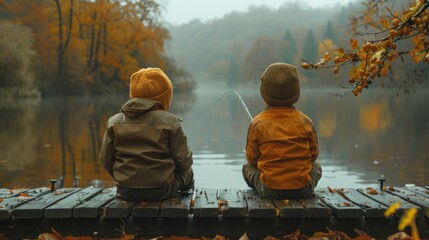 Obraz premium Shared Silence Fishing Amidst Autumn Splendor