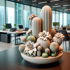 Escultura de cerámica de cactus y suculentas sobre escritorio en oficinas corporativas