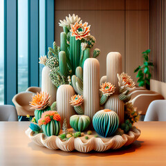 Escultura de cactus y suculentas en flor de cerámica en mesa de oficina corporativa - obrazy, fototapety, plakaty