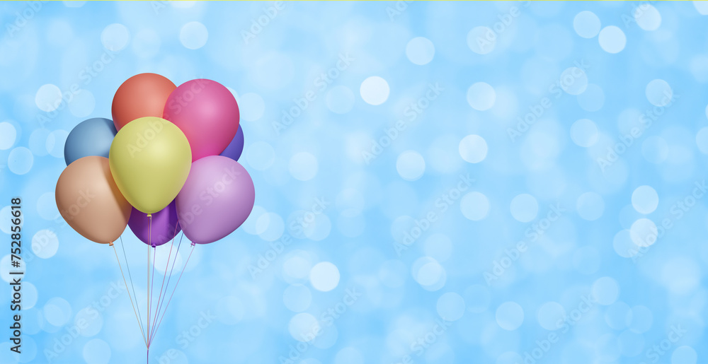 Poster Bunch of colorful balloons on blurred blue background. Empty space for text. 3d rendering