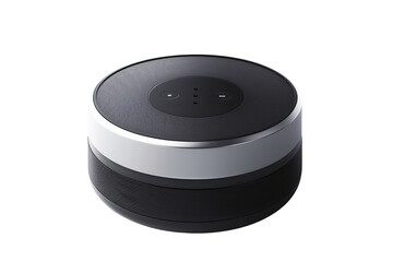 A smart speaker, classic silver and black palette, in minimalist, isometric style