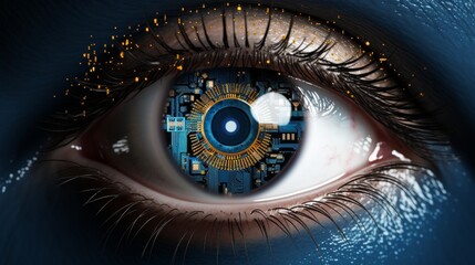 Organic and technological human eye artwork with all seeing quality, created by ai