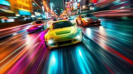 Supercars race away from camera in a drag race, vibrant colors abound. Environment blurs with motion.