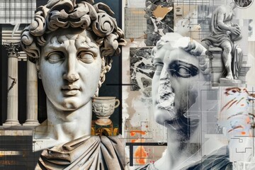 Collage of stoic classical statues with stoicsim and textures. A creative digital collage that combines elements of classical statues with various textures and abstract patterns