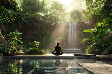 a person meditating in a peaceful garden, surrounded by calming water features and lush greenery. - obrazy, fototapety, plakaty