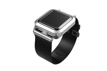 A futuristic smartwatch, silver body with a black strap, rendered in an isometric, minimalist style