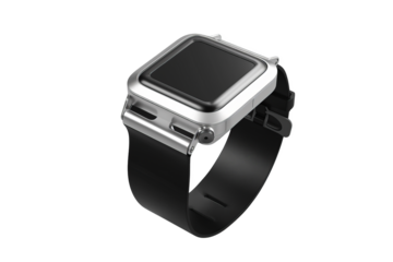 A futuristic smartwatch, silver body with a black strap, rendered in an isometric, minimalist style