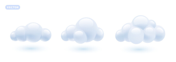 Vector set of weather illustration of shine fluffy cloud on white color background with shadow. 3d cartoon style design of different cute cloud