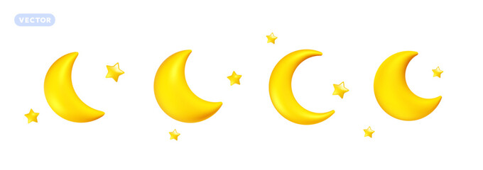 Vector set of weather night illustration of shine yellow color half moon with star on white background. 3d cartoon style design of different crescent moon with star
