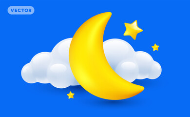 Vector weather night illustration of shine yellow color half moon with star and cloud on blue background with shadow. 3d cartoon style design of crescent moon with star and cloud