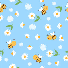 Fototapeta na wymiar Cute hand drawn spring summer flower bees honey Bright pattern fabric cloth wallpaper wrap paper. 