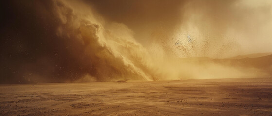Awe-inspiring sandstorm surges across a barren landscape at dusk. - obrazy, fototapety, plakaty