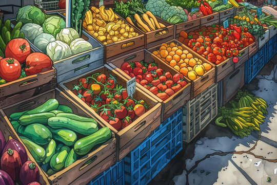 A detailed illustration of a farmer's market overflowing with fresh, locally sourced produce