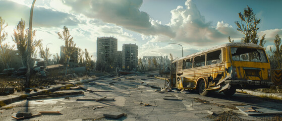 Post-apocalyptic cityscape with desolate ruins and a derelict bus. - obrazy, fototapety, plakaty