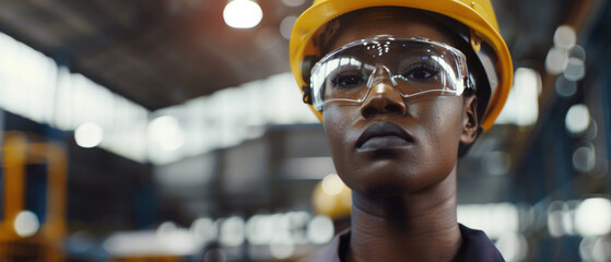 Fototapeta na wymiar Determined female engineer in a factory setting exudes leadership.