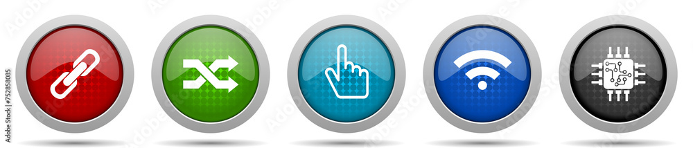 Poster Web and internet icons, miscellaneous buttons such as chain, arrows, finger, signal and chip, circle glossy web icon collection